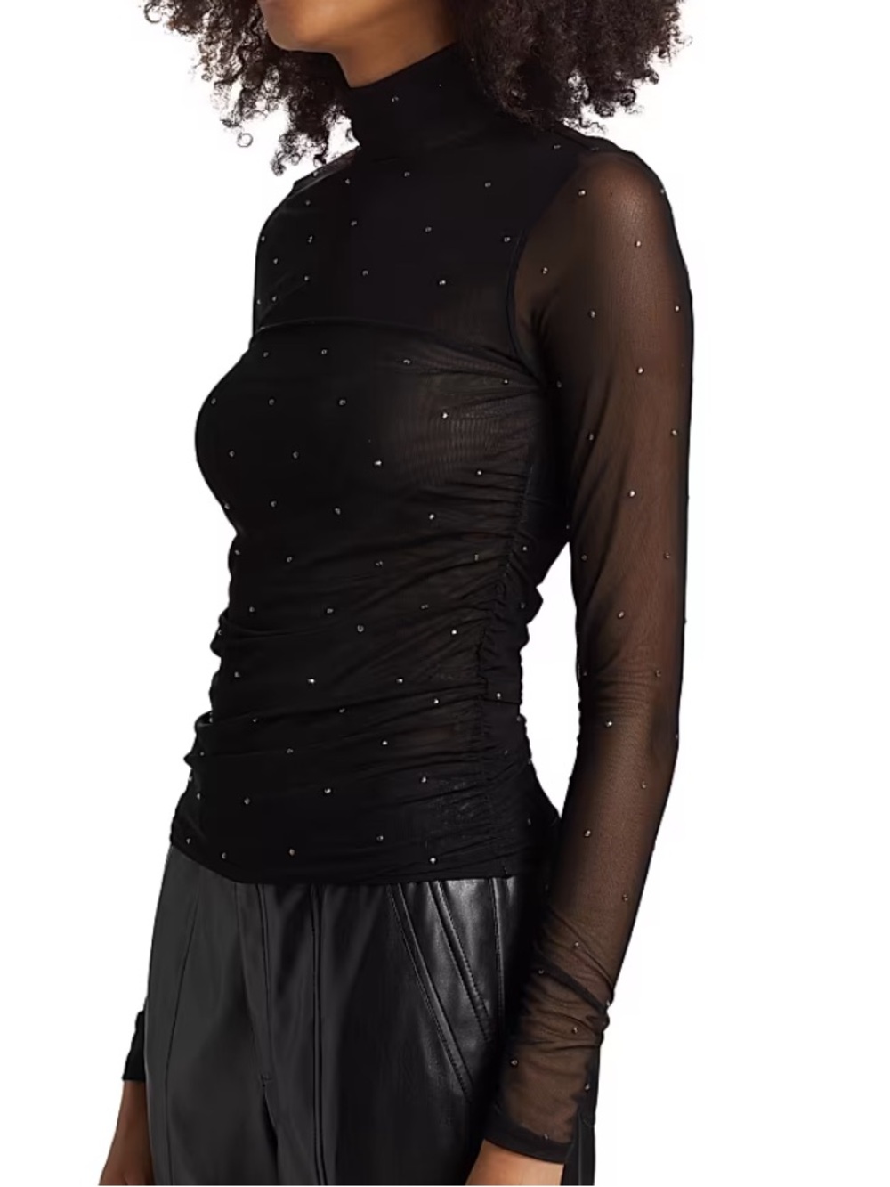 CINQ à SEPT Heatset Shirred Sheer Black Mesh Turtleneck Top Rhinestone Sparkle S